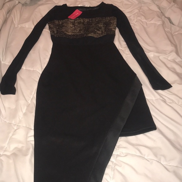 Black and Gold Mesh Long sleeve side split Dress - Picture 1 of 2